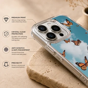 Butterfly phone case with sky design featuring fluttering butterflies. — Info