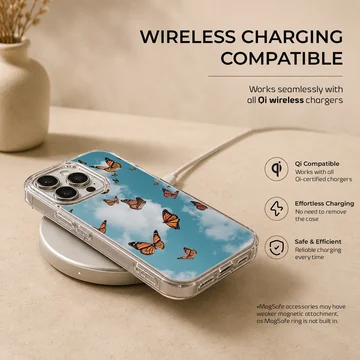 Butterfly phone case with sky design featuring fluttering butterflies. — Charging