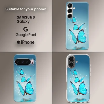 Blue butterflies with sparkling effects on phone case — Collage