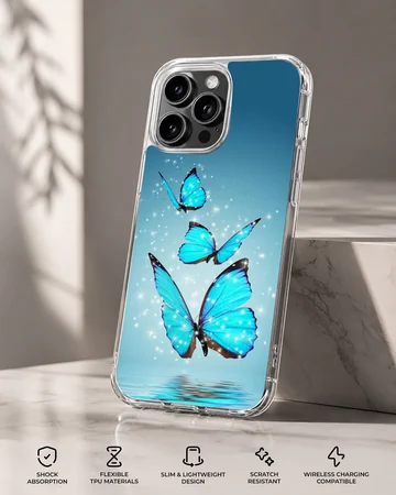 Blue butterflies with sparkling effects on phone case — Specs
