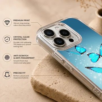 Blue butterflies with sparkling effects on phone case — Info