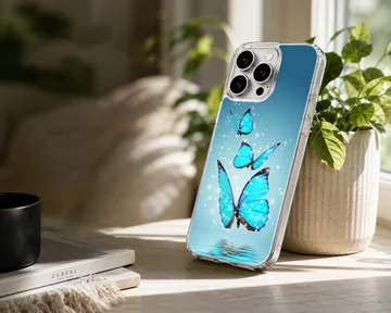 Blue butterflies with sparkling effects on phone case — Lifestyle