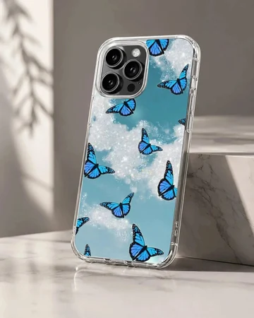 Blue butterflies in a dreamlike sky on phone case