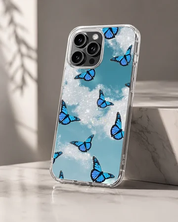 Blue butterflies in a dreamlike sky on phone case — Hero