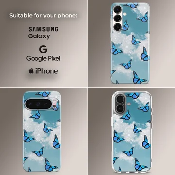 Blue butterflies in a dreamlike sky on phone case — Collage