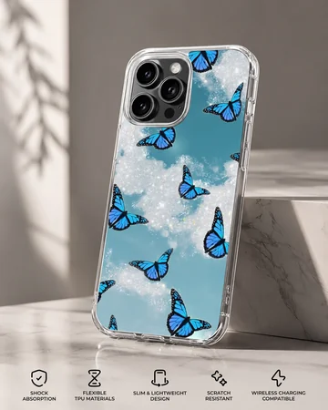 Blue butterflies in a dreamlike sky on phone case — Specs