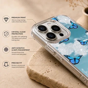 Blue butterflies in a dreamlike sky on phone case — Info