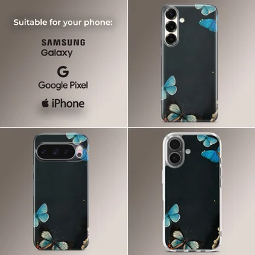 Phone case with a design of blue butterflies on a black background. — Collage