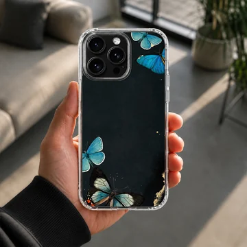 Phone case with a design of blue butterflies on a black background. — Lifestyle
