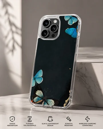 Phone case with a design of blue butterflies on a black background. — Specs