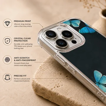 Phone case with a design of blue butterflies on a black background. — Info