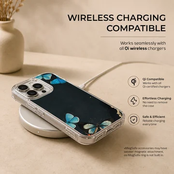 Phone case with a design of blue butterflies on a black background. — Charging
