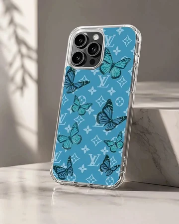 Blue butterfly pattern phone case with intricate details