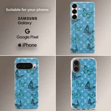 Blue butterfly pattern phone case with intricate details — Collage