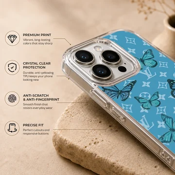 Blue butterfly pattern phone case with intricate details — Info