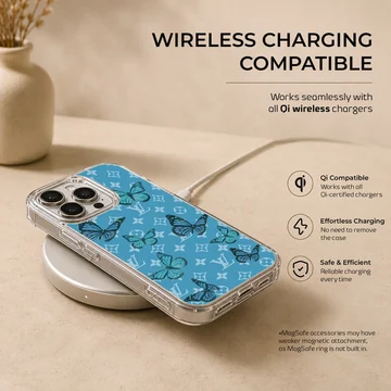 Blue butterfly pattern phone case with intricate details — Charging