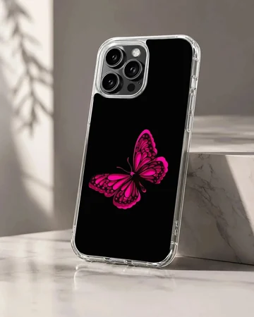 Phone case with a vibrant pink butterfly on a black background