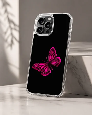 Phone case with a vibrant pink butterfly on a black background — Hero