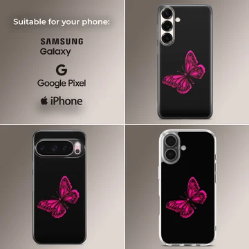 Phone case with a vibrant pink butterfly on a black background — Collage