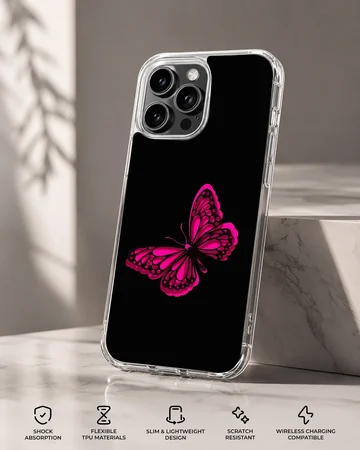 Phone case with a vibrant pink butterfly on a black background — Specs