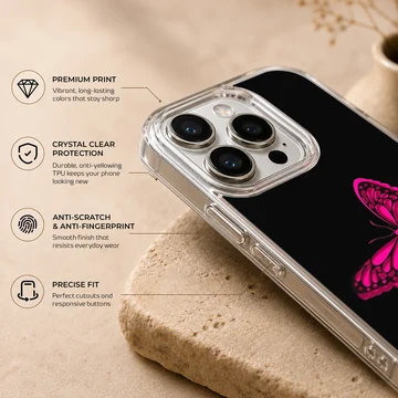 Phone case with a vibrant pink butterfly on a black background — Info