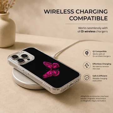 Phone case with a vibrant pink butterfly on a black background — Charging