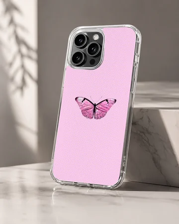 Pink butterfly on a phone case with a light pink background — Hero
