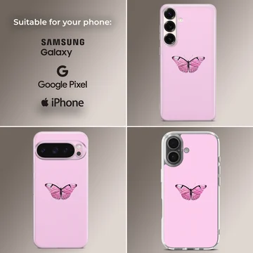 Pink butterfly on a phone case with a light pink background — Collage