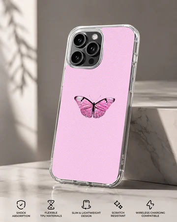 Pink butterfly on a phone case with a light pink background — Specs