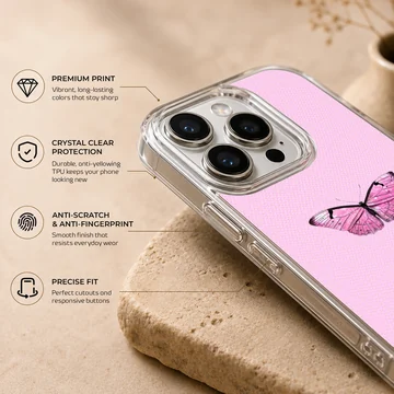 Pink butterfly on a phone case with a light pink background — Info