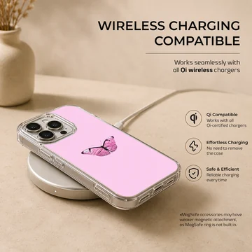 Pink butterfly on a phone case with a light pink background — Charging