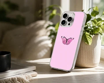 Pink butterfly on a phone case with a light pink background — Lifestyle