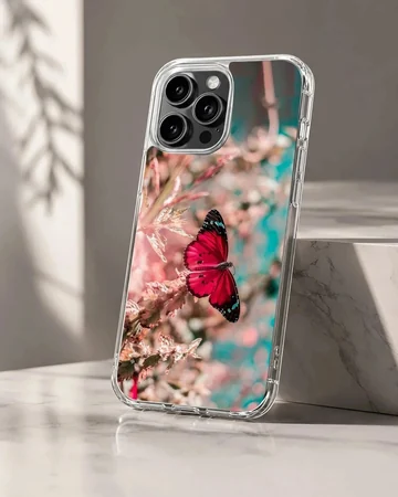 Red butterfly resting on flowers in a serene phone case design