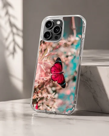 Red butterfly resting on flowers in a serene phone case design — Hero