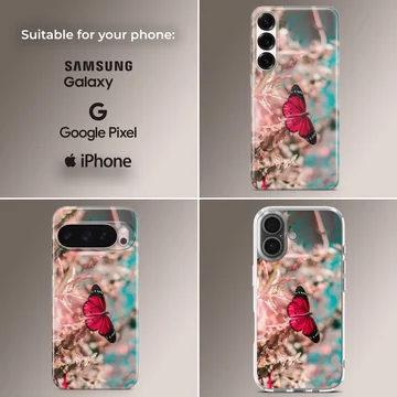 Red butterfly resting on flowers in a serene phone case design — Collage