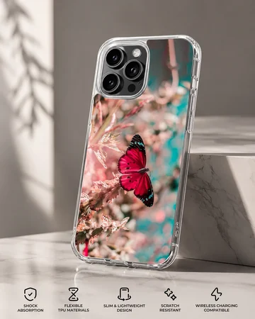 Red butterfly resting on flowers in a serene phone case design — Specs
