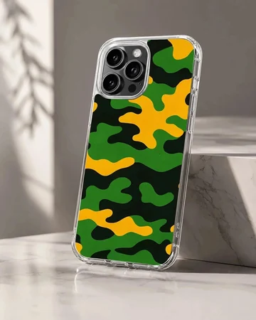 Green, yellow, and black camouflage pattern phone case with a matte finish