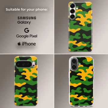Green, yellow, and black camouflage pattern phone case with a matte finish — Collage
