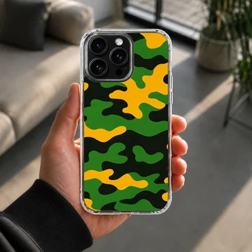 Green, yellow, and black camouflage pattern phone case with a matte finish — Lifestyle