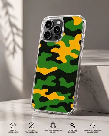 Green, yellow, and black camouflage pattern phone case with a matte finish — Specs