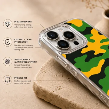 Green, yellow, and black camouflage pattern phone case with a matte finish — Info