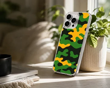 Green, yellow, and black camouflage pattern phone case with a matte finish — Lifestyle