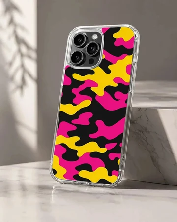 Vibrant neon camouflage pattern with pink, yellow, and black shapes on a phone case