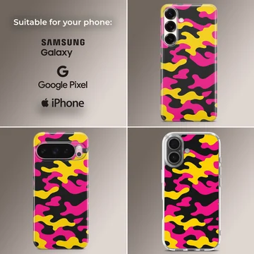 Vibrant neon camouflage pattern with pink, yellow, and black shapes on a phone case — Collage