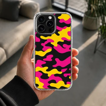 Vibrant neon camouflage pattern with pink, yellow, and black shapes on a phone case — Lifestyle