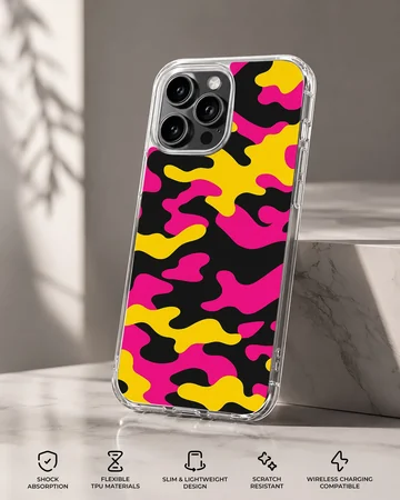 Vibrant neon camouflage pattern with pink, yellow, and black shapes on a phone case — Specs