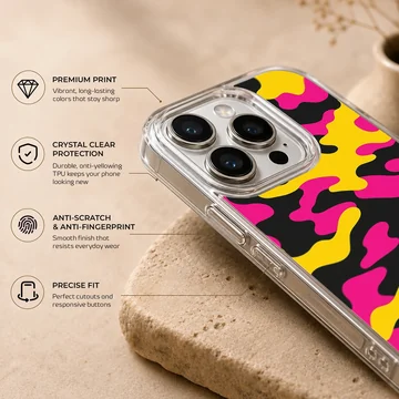 Vibrant neon camouflage pattern with pink, yellow, and black shapes on a phone case — Info