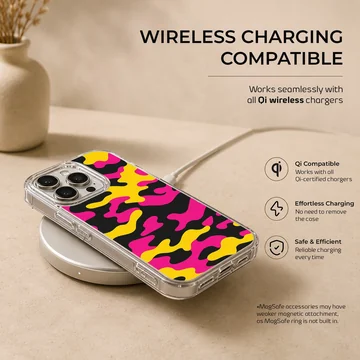 Vibrant neon camouflage pattern with pink, yellow, and black shapes on a phone case — Charging