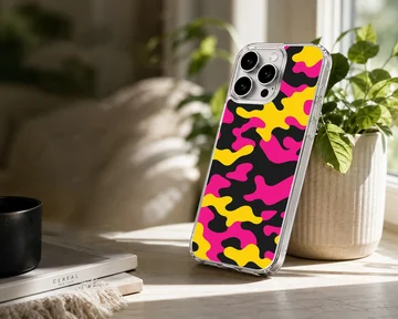 Vibrant neon camouflage pattern with pink, yellow, and black shapes on a phone case — Lifestyle