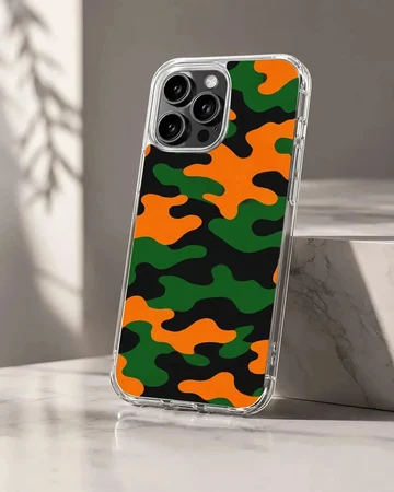 Camo B103 Pattern phone case with vibrant orange, green, and black camouflage artwork